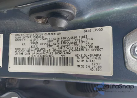 2004 Toyota 4Runner Sr5 V8 из США, поврежденный, VIN JTEZT14R348004091